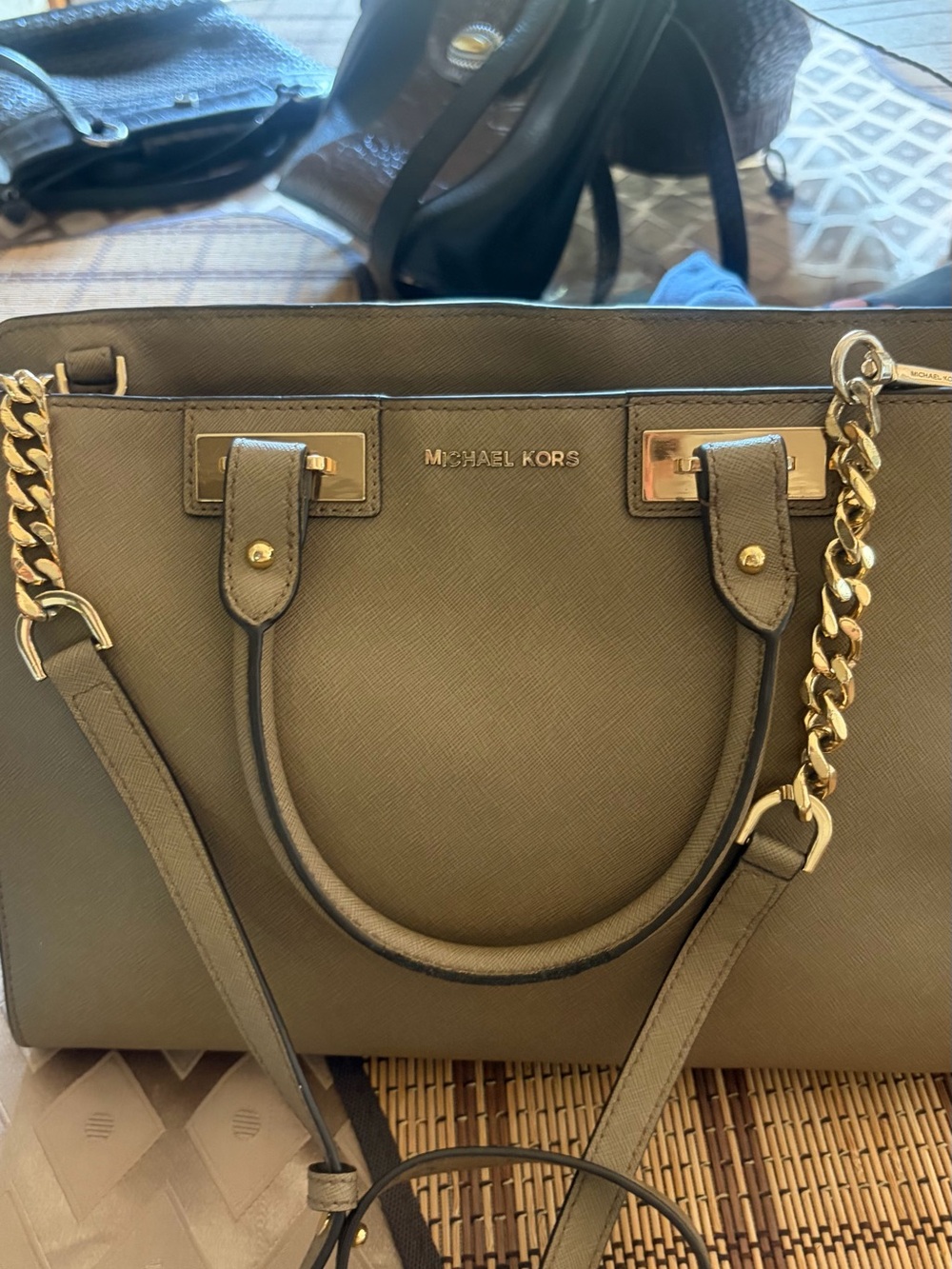 MICHAEL Michael Kors Olive Green Saffiano Satchel with Gold Chain